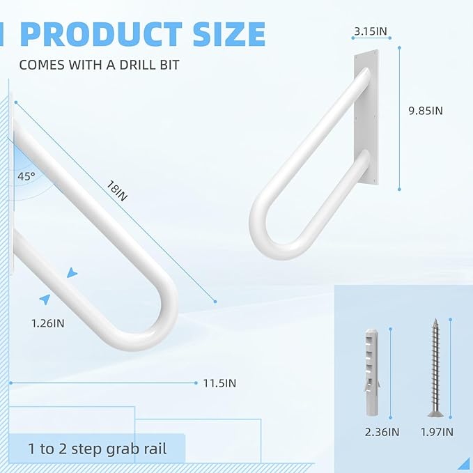 Handrails for Outdoor Steps Wall Mount, Railings for 1-2 Steps, U-Shaped Handrail with Powder Coated Finished, Stair Handrails for Garage, Porch, Yard and Garden (18" Length, White)