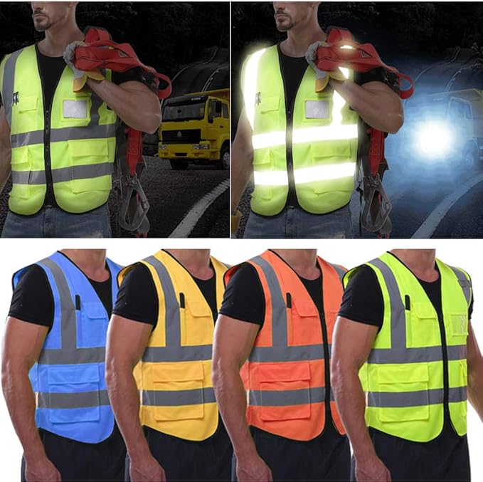 YOWESHOP High Visibility Safety Vest Custom Your Logo Protective Workwear 5 Pockets With Reflective Strips Outdoor Work Vest (Blue (4XL))