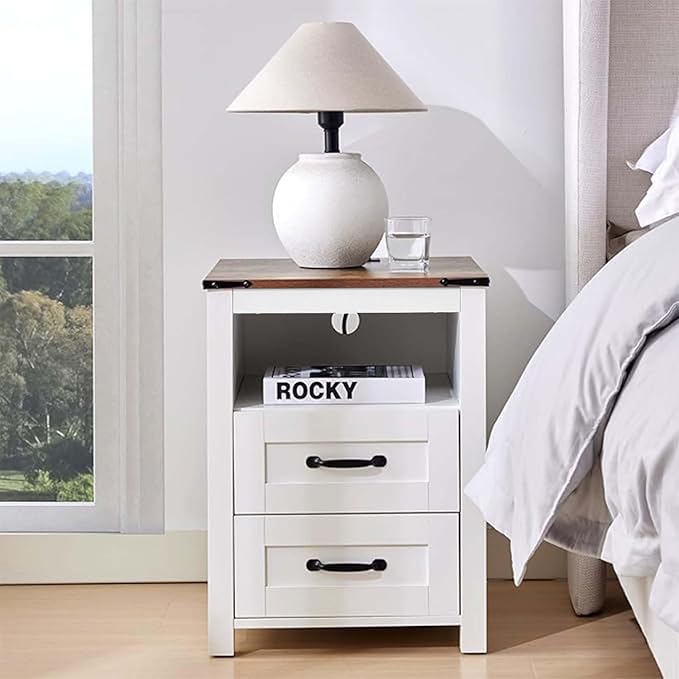 White Night Stand, Rustic End Table with Charging Station, Farmhouse Tall Nightstand for Bedroom, Drawer Dresser Bedside Table with Open Storage Shelf