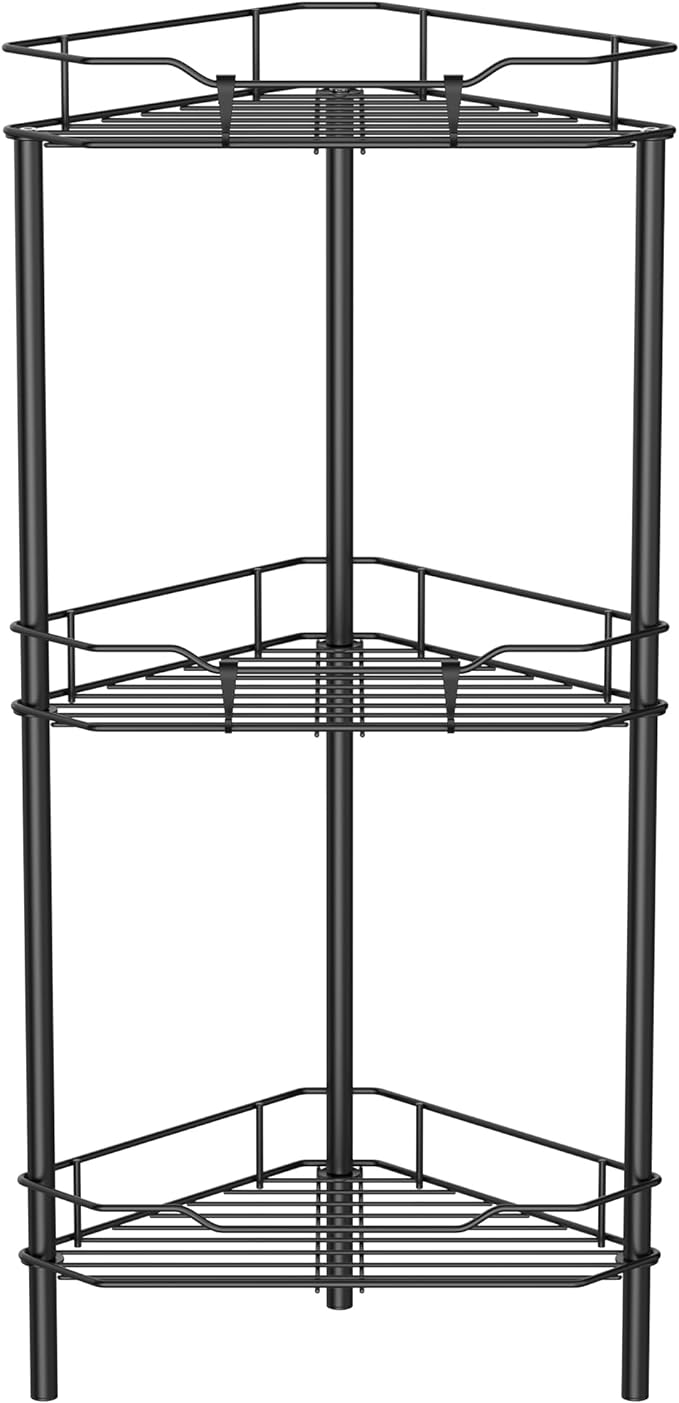 3 Tier Floor Standing Corner Shower Caddy Organizer Shelf with Hooks, Bathroom Shelves Stand Rack, Black