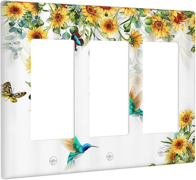 Yellow Sunflower Blue Hummingbird Butterfly Triple Rocker Outlet Covers Decorative Rustic Farmhouse Floral Plant 3 Gang Light Switch Cover Gfci Electrical Switchplate Receptacle Wall Plate
