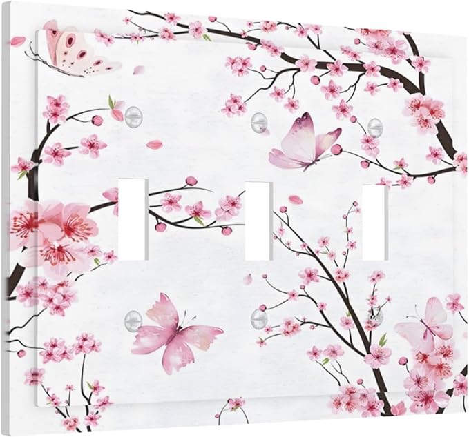 Cherry Floral Watercolor Pink Flowers Butterfly Decorative Switch Plates 3 Gang Wall Plate Triple Toggle Light Switch Cover Faceplate Electrical Wall Panels for Bed Room Living Room Decor
