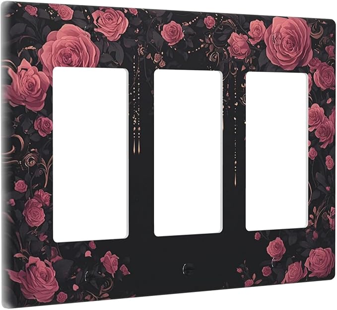Light Switch Covers Dark Background Red Rose Leaf 3 Gang Rocker Electrical GFCI Decorative Triple Outlet Wall Plate Cover Switchplate for Bedroom living Room Decor