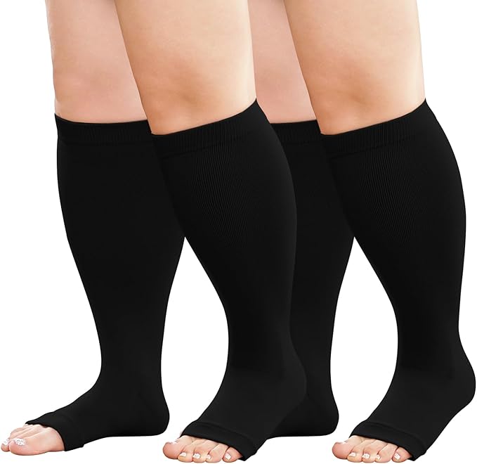 Plus Size Compression Socks: Wide Calf Toeless Stockings for Men Women - Open Toe 20-30 mmHg Compression Hose Support for Travel Nurses