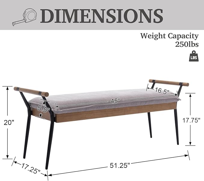 LukeAlon Modern Chenille Entryway Bench, Upholstered End of Bed Bench with Arms Classic Bedroom Ottoman Bench with Metal Legs Elegant Footstool for Entrance Living Room, Grey