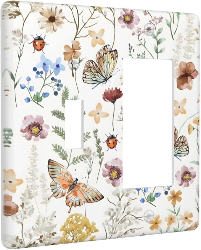 Boho Multicolor Flower Butterfly Insect Floral Outlet Covers 1 Toggle 1 Rocker Combination Decorative Wall Plate Electrical Switch Plates Light Switch Cover Plate for Bedroom Living Room Decor