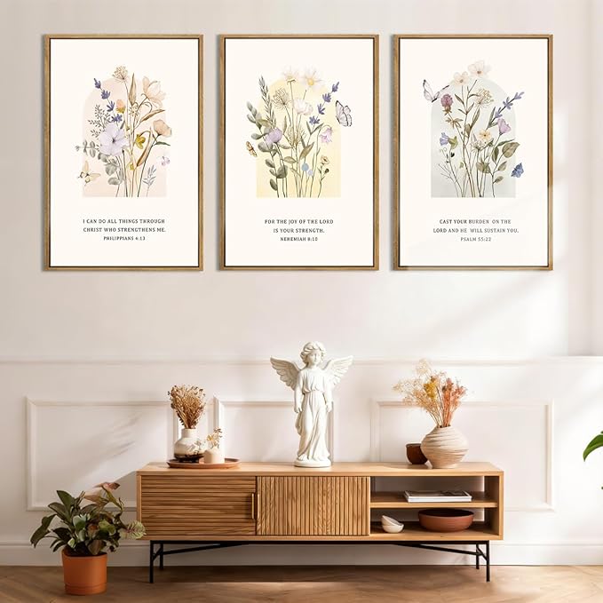 IARTTOP Large Floral Christian Wall Art Framed 16x24 Inch Set of 3 Bible Verse Scripture Artwork Minimalist Botanical Religious Canvas Wall Decor for Church Living room Bedroom