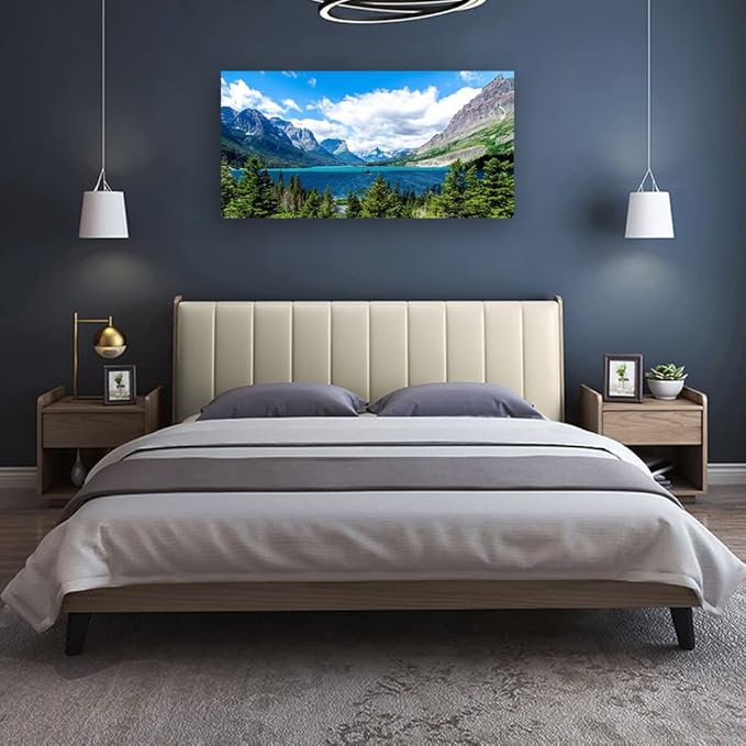 Landscape Saint Mary Lake Canvas Wall Art for Living Room Wall Decor Glacier National Park Canvas Pictures Blue Sky Mountain Forest Nature Scene Painting Artwork Home Office Decorations 20" x 40"