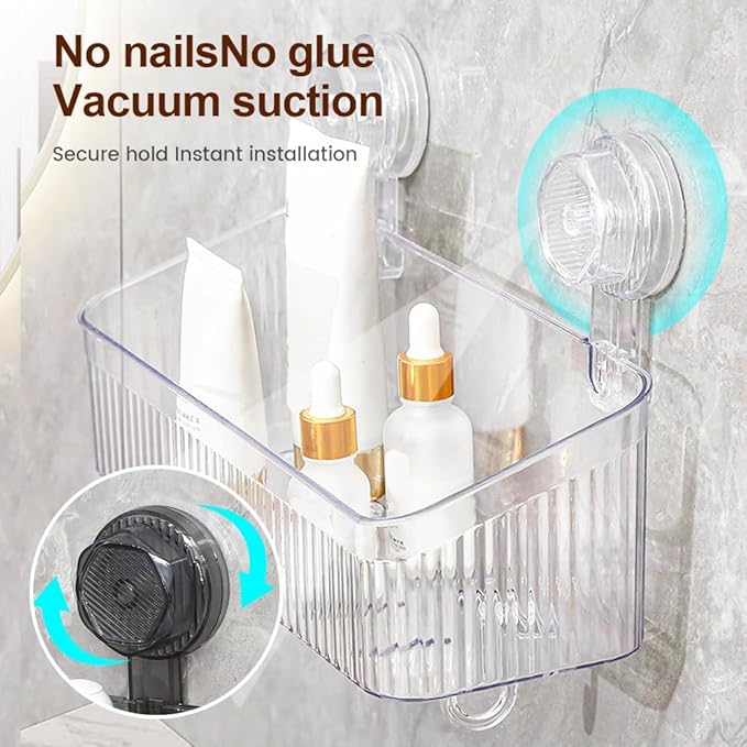 No-Drill Bathroom Suction Storage Box, Corrugated Suction Cup Wall Organizer, Removable Hanging Storage Basket with Strong Hold, Acrylic Shower Caddy for Bathroom (Clear L)