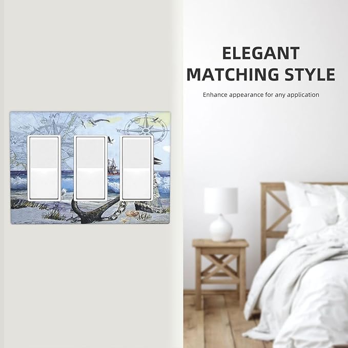 Light Switch Cover Sea Ocean Sand Coast Compass Ship Lighthouse Anchor 3 Gang Wall Plate Triple Light Switch Plate Rocker GFCI Outlet Covers Decorative Receptacle Cover for Bathroom Decor