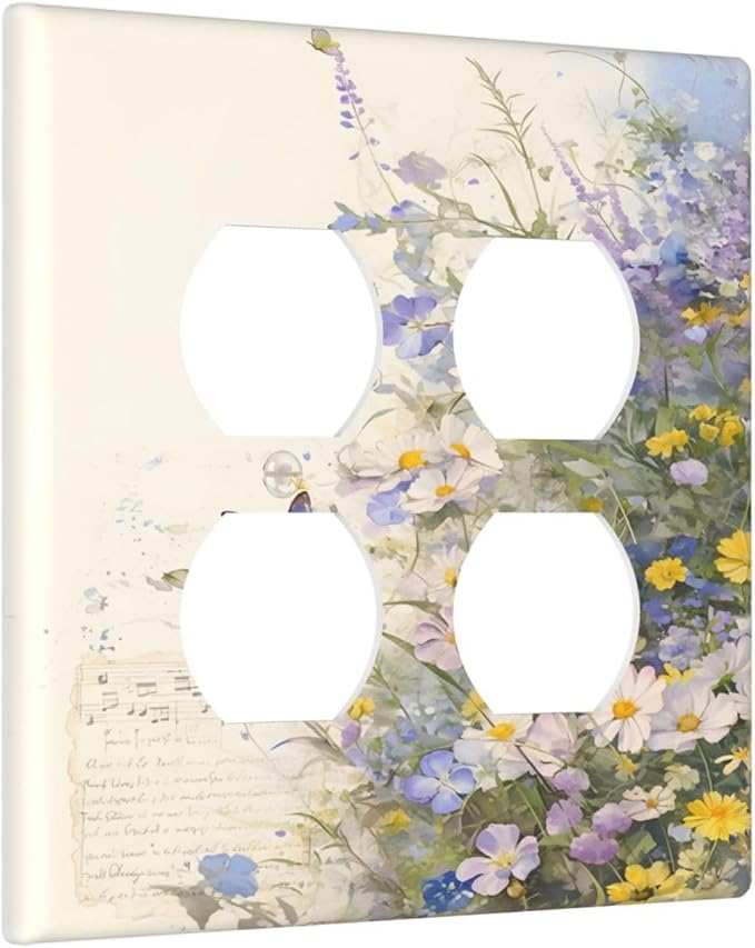 Decorative Switch Plate Covers Purple Flower Butterfly Yellow Daisy 2 Gang Outlet Covers Double Duplex Light Switch Cover Plate Gfci Wall Plate for Bathroom Decor