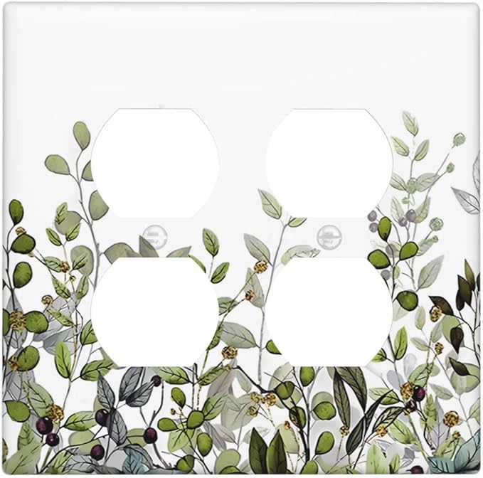 Watercolor Green Eucalyptus Leaves Plants Fruit Outlet Covers 2 Gang Double Duplex Decorative Light Switch Covers Electrical Wallplates Socket Faceplate for Bed Room Living Room Decor