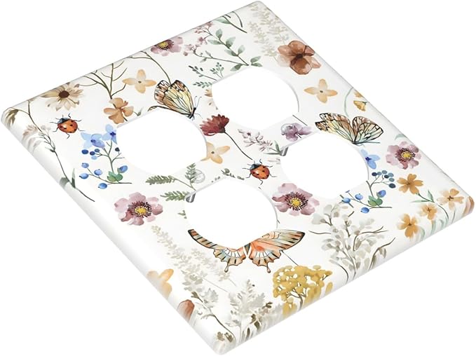 Boho Multicolor Flower Butterfly Insect Floral Outlet Covers 2 Gang Double Duplex Decorative Light Switch Covers Electrical Wallplates Socket Faceplate for Bedroom Living Room Decor