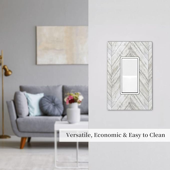Rustic White Gray Herringbone Wood 1 Gang Rocker Light Switch Plate Vintage Country Single Decora Outlet Wall Plate Cover Faceplate Decorative Switchcovers GFCI for Farmhouse Living Room Decor