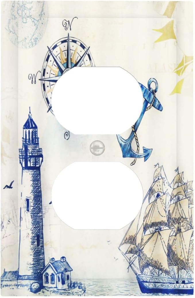 Outlet Covers Nautical Sailboat Lighthouse Compass Anchor 1 Gang Duplex Light Switch Cover Decorative Single Wall Plate Rustic Receptacle Electrical Device Switchplate for Country Bathroom