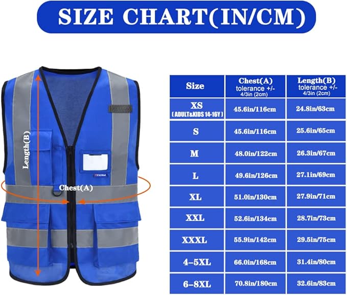 A-SAFETY Blue High Visibility Vest Reflective Safety Vest,Hi Vis Bright Neon Color with 4 Reflective Strips 7 Pockets,XXXL