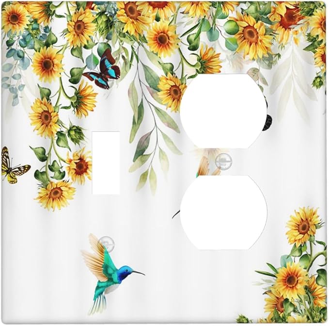 Yellow Sunflower Butterfly with Bird Decorative Light Switch Cover Plate 1 Toggle/1 Duplex Outlet Covers 2 Gang Combo Gfci Wall Plate Electrical Receptacle Switchplate for Bathroom Decor