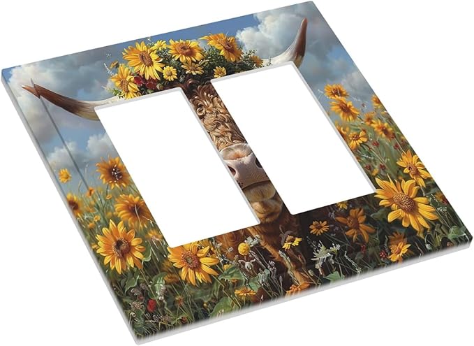 Decorative Outlet Covers Vintage Sunflower Highland Cow Rustic Art 2 Gang Double GFCI Rocker Electrical Wall Panels Light Switch Cover Plate for Bedroom Farmhouse Decor