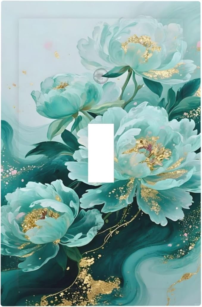 Decorative Light Switch Covers Gold Green Floral Gilt Marble Flower 1 Gang Light Switch Cover Plate Single Toggle Wall Plate Outlet Covers Wall Plate Dimmer Faceplate for Bathroom Decor