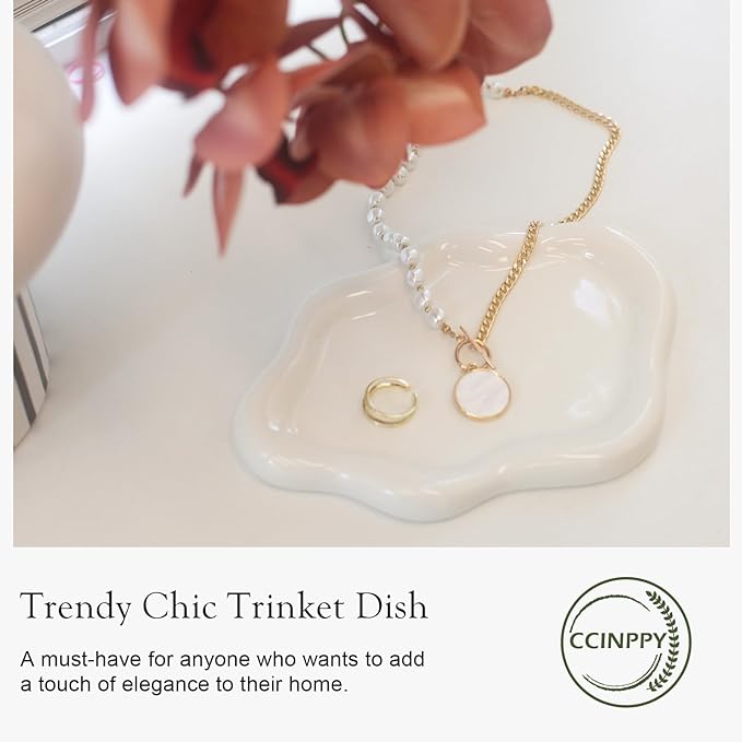Ceramic Jewelry Tray Trinket Dish, Decorative Cloud Vanity Key Tray for Women, Ring Holder Dish, Cute Jewelry Plate Bowl Room Decor Aesthetic, White, Medium