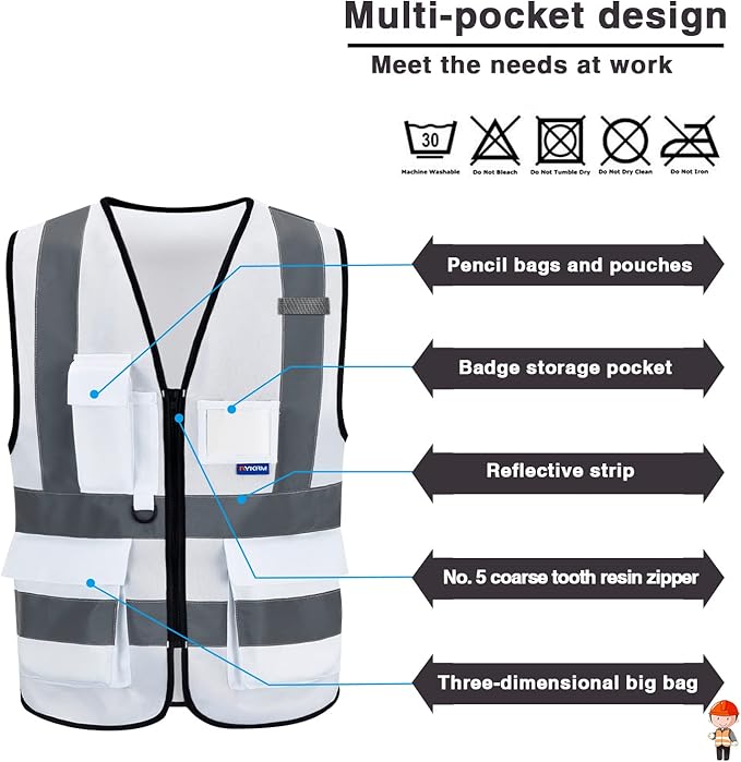 A-SAFETY Hi Reflective Safety Vest,Hi Vis Bright Neon Colors Safety Vest with 4 Reflective Strips 7 Pockets(White S)