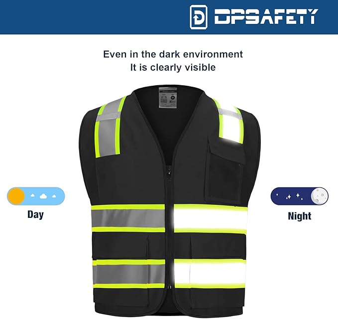 9 Pocket Hi Vis Safety Vest with Reflective Strips, Zipper Construction Work Vest for Men & Women, Black, 5XL