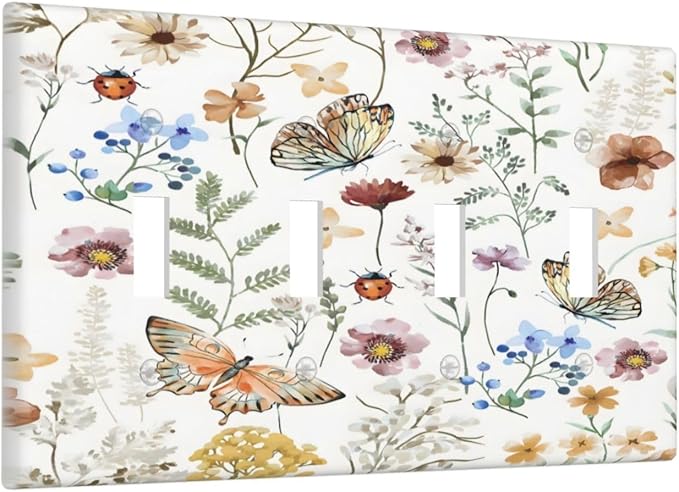 Boho Multicolor Flower Butterfly Insect Floral Light Switch Covers Quad Toggle Electrical Faceplate 4 Gang Wall Plate Decorative Switch Plates Cover for Bedroom Living Room Decor