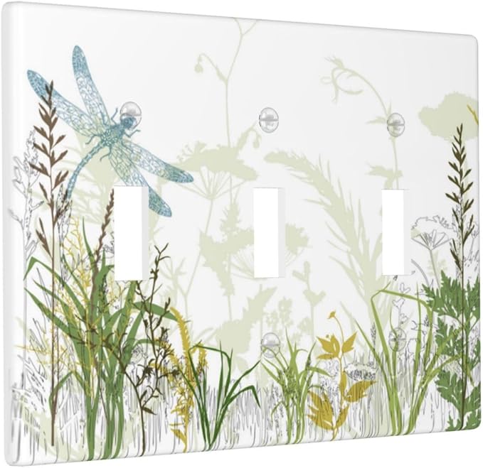 Wild Flower Dragonfly 3 Gang Toggle Light Switch Cover Plates Decorative Electric Outlet Covers Decorator Wall Switch Plate Receptacle Plug Covers 6.38 * 4.5 Inches
