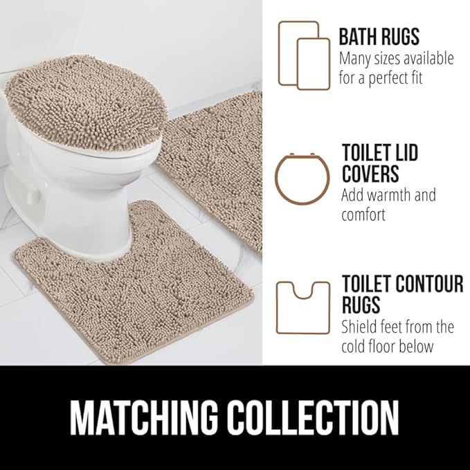 GORILLA GRIP Bathroom Rug Sets 3 Piece, Bath Mat Set and Oval Toilet Base with Rubber Backing, Plush Absorbent Shaggy Chenille Washable Mats, Includes 24x19.5, 24x17 and 30x20 Inch Rugs, Gray Beige