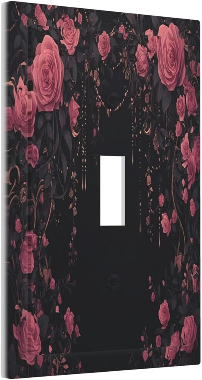 Decorative Light Switch Cover Dark Background Red Rose Leaf 1 Gang Single Toggle Device Electrical Faceplate Switchplates Decorator Outlet Wall Plate for Bedroom living Room Decor