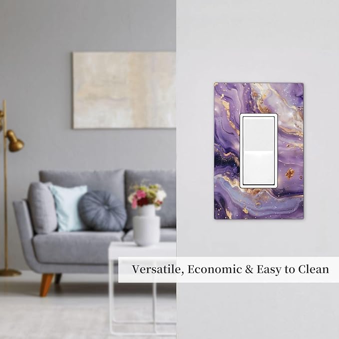Luxury Marble Texture Purple And Gold Abstract Print Decorative Outlet Covers 1 Gang Single Rocker Light Switch Cover Plate Wall Plates GFCI Faceplate for Bathroom Home Decor