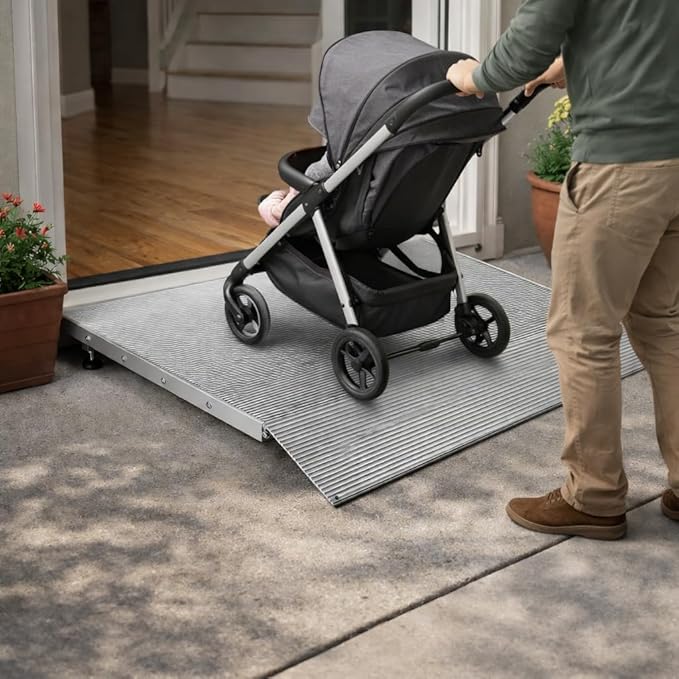 Aluminum Adjustable Threshold Ramp for Wheelchairs, 36" x 36" Doorway Ramp with 3.4"–7.2" Rise, Self-Supporting Entry Ramp for Uneven Surfaces, 880 lb Capacity with Non-Slip Mat