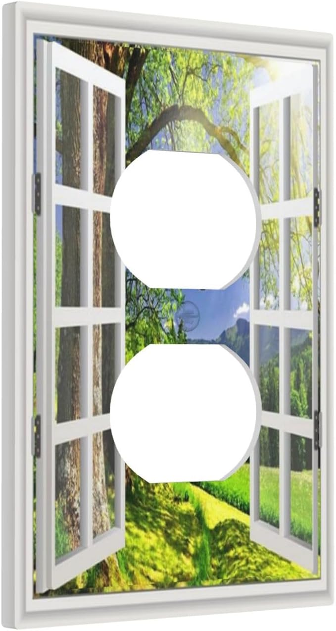 Outlet Covers Window View Green Rustic Nature Wilderness 1 Gang Duplex Light Switch Cover Plate Decorative Wall Plates Electrical Switchplate Receptacle Cover for Bathroom Bedroom Decor