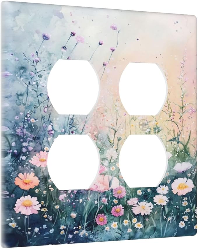 Decorative Switch Plate Covers Pink Floral Wildflower Green Plants 2 Gang Outlet Covers Double Duplex Light Switch Cover Plate Gfci Wall Plate for Bathroom Decor
