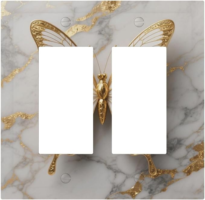 Gold Marble Shine Butterfly Abstract Modern Print Decorative Outlet Covers 2 Gang Double GFCI Rocker Electrical Wall Panels Light Switch Cover Plate for Bed Room Bathroom Decor