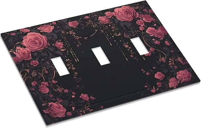 Decorative Switch Plates Dark Background Red Rose Leaf 3 Gang Wall Plate Triple Toggle Light Switch Cover Faceplate Electrical Wall Panels for Bedroom living Room Decor