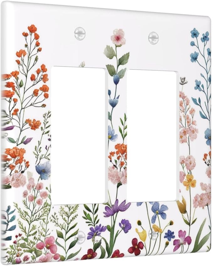 Rustic Wild Floral Vintage Colorful Flowers Outlet Covers Double Rocker Light Switch Covers Decorative 2 Gang Gfci Wall Plate Electrical Receptacle Switchplate Plug Faceplate Bathroom Decor