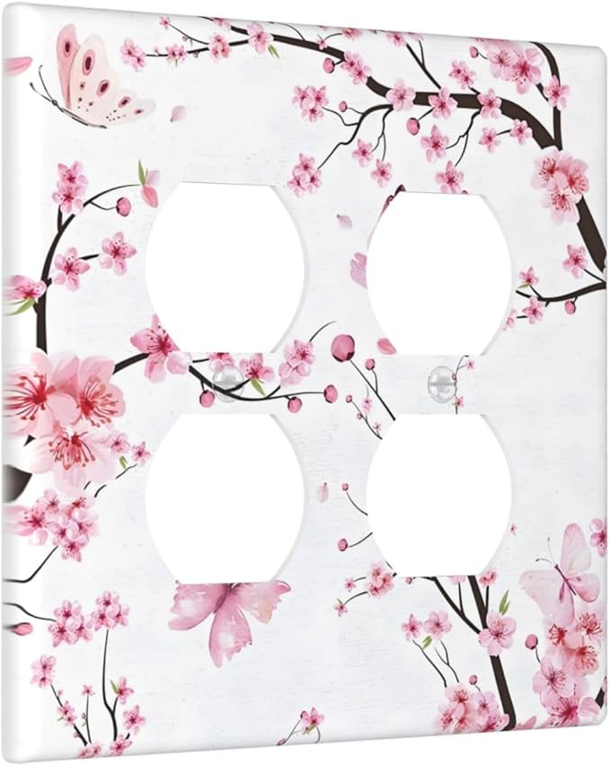 Cherry Floral Watercolor Pink Flowers Butterfly Outlet Covers 2 Gang Double Duplex Decorative Light Switch Covers Electrical Wallplates Socket Faceplate for Bed Room Living Room Decor