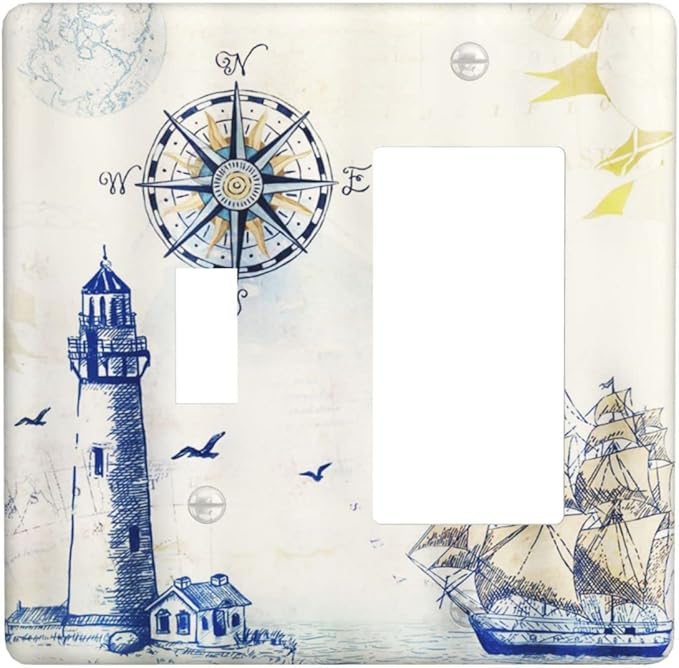 Nautical Sailboat Lighthouse Compass Anchor 2 Gang Light Switch Cover Plates Decorative Combination Toggle Rocker/Decora Wall Plate Rustic Electrical Switchplate for Country Bathroom Decor