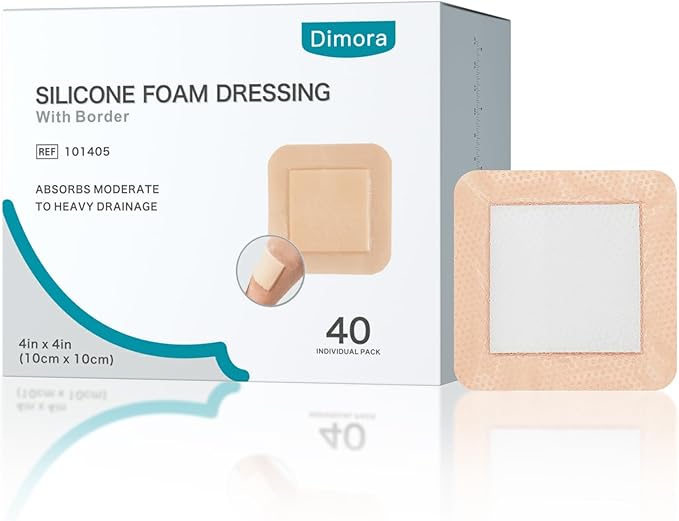 Dimora Silicone Foam Dressing with Border 40 Pack, Adhesive 4"x4" Wound Dressing Large Bandage for Wound Care