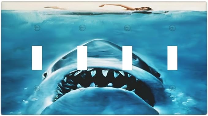 Swimming Woman Funny Shark Blue Ocean Light Switch Covers Quad Toggle Electrical Faceplate 4 Gang Wall Plate Decorative Switch Plates Cover for Kids Room Bedroom Decor