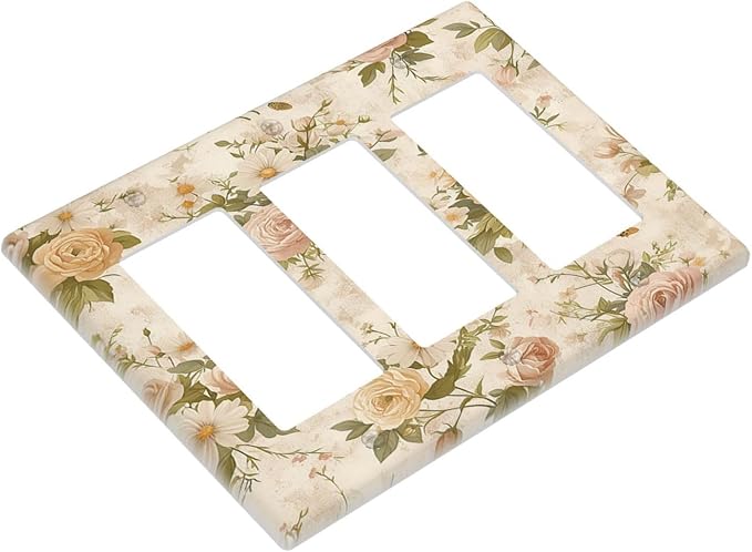 Light Switch Covers Boho Vintage Roses Pink Red Yellow Bouquet Floral 3 Gang Rocker Electrical GFCI Decorative Triple Outlet Wall Plate Cover Switchplate for Bedroom living Room Decor