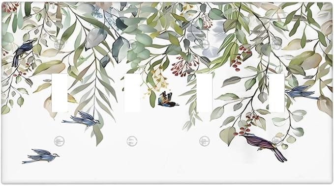 Green Leaf Eucalyptus Leaves Floral Bird Butterfly Light Switch Covers Quad Toggle Electrical Faceplate 4 Gang Wall Plate Decorative Switch Plates for Bed Room Living Room Decor