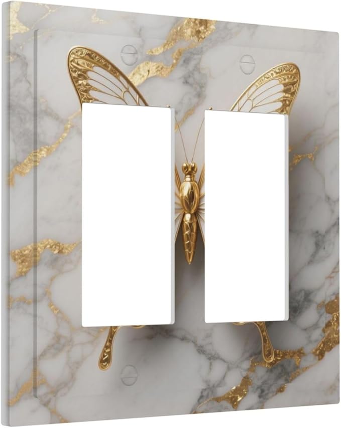 Gold Marble Shine Butterfly Abstract Modern Print Decorative Outlet Covers 2 Gang Double GFCI Rocker Electrical Wall Panels Light Switch Cover Plate for Bed Room Bathroom Decor