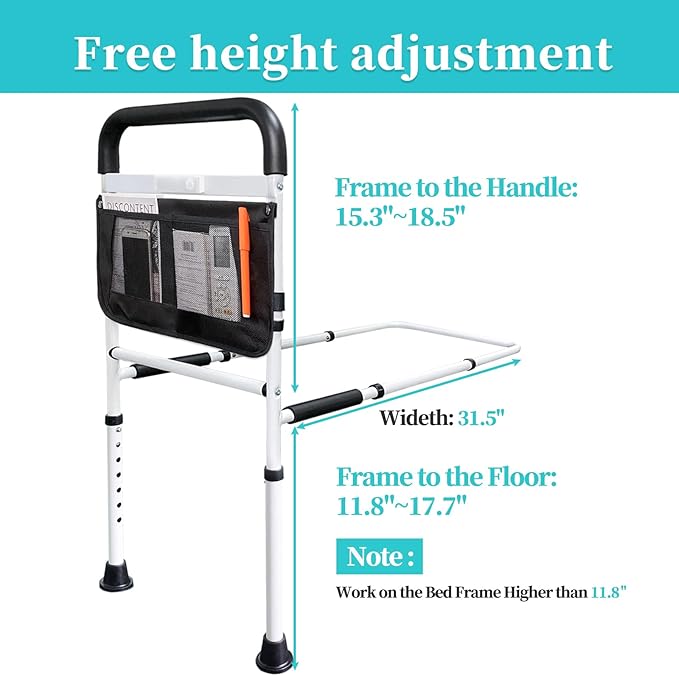 AOHHL Bed Rails for Elderly Adults Safety with Motion Light Adjustable Heights Storage Pocket Assist Support Side Railing for Seniors Slides Under Bed Guard Bed Handle Bars (White with Light)