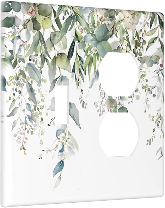 Sage Green Watercolor Eucalyptus Leaves Floral Flowers Wallplates 1 Toggle 1 Duplex Switch Plate Electrical GFCI Faceplate Decorative Light Switch Covers for Farmhouse Bed Room Decor