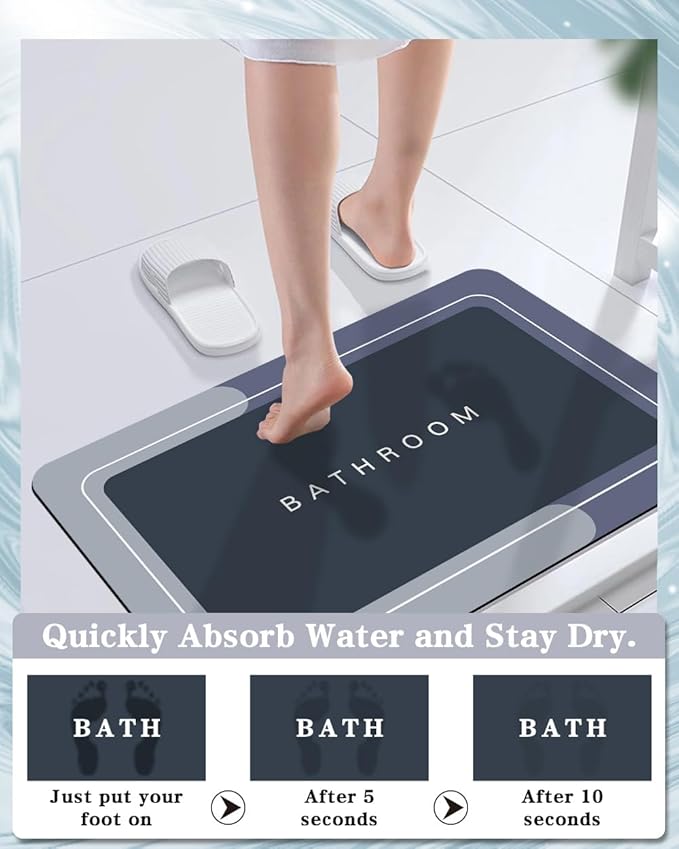 Bath Mats 20x32 Inch, Modernized Magic Mat Bathroom, Rubber Anti Slip Quick Drying Absorbent Bathroom Rug, Shower Room Rugs for in Front of Bathtub, Sink, Blue
