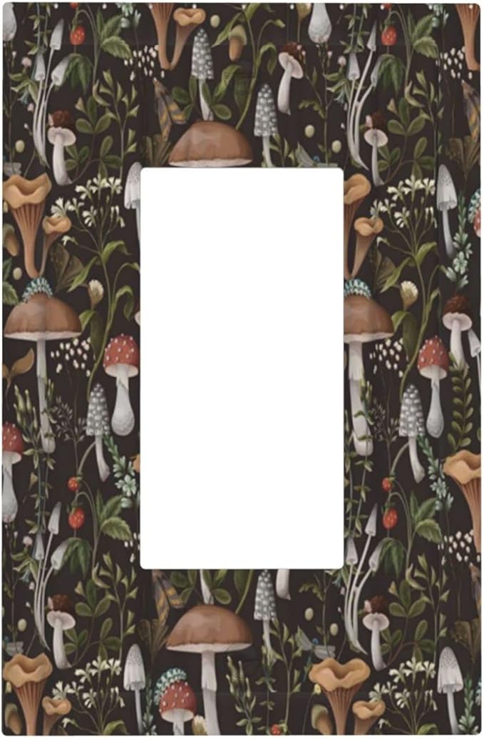 Funky Retro Vintage 70s 60s Boho Hippie Mushroom Single Rocker Light Switch Cover 1 Gang Outlet Cover Decorative Bohemian Floral Leaf Gfci Electrical Wall Plate Switchplate Faceplate Decora