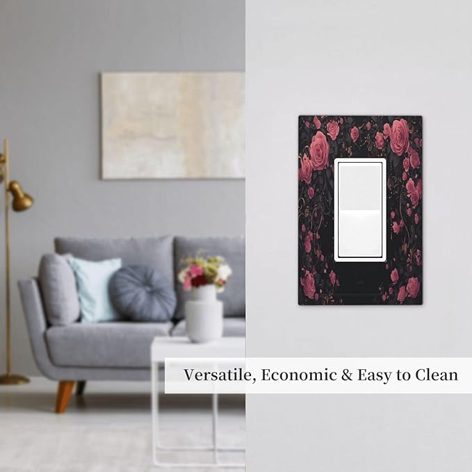 Decorative Outlet Covers Dark Background Red Rose Leaf 1 Gang Single Rocker Light Switch Cover Plate Wall Plates GFCI Faceplate for Bedroom living Room Decor