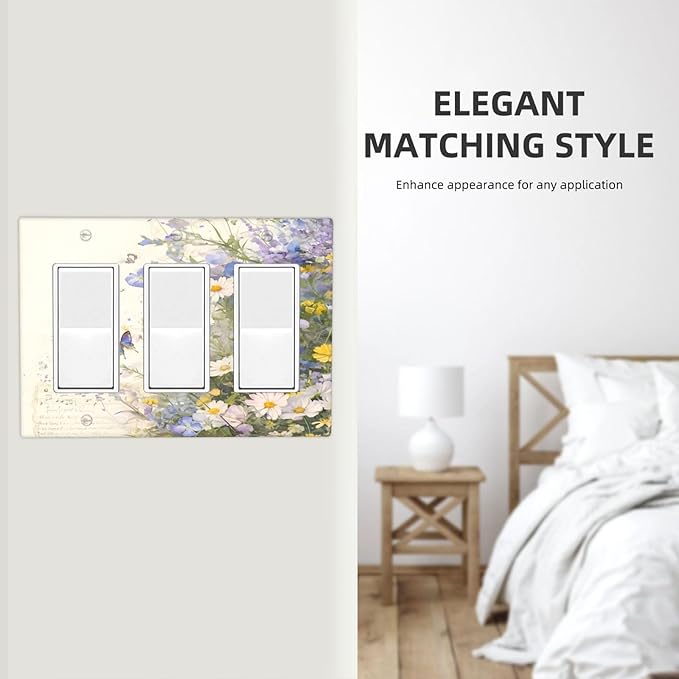 Decorative Outlet Covers Purple Flower Butterfly Yellow Daisy 3 Gang Gfci Wall Plate Triple Rocker Light Switch Cover Plate Switch Plate Covers for Bathroom Decor